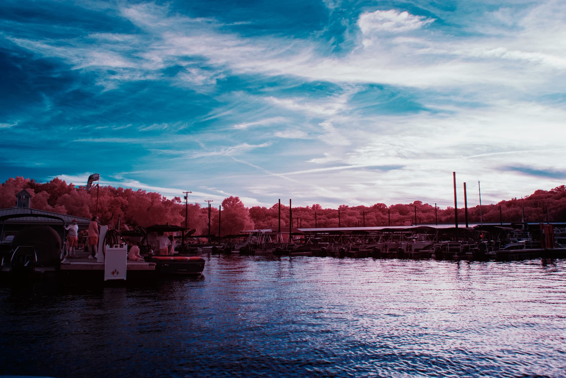 Percy Priest Lake marina at sunset with pink infrared foliage and an Aerochrome colour look — 665nm, 18-105mm DX