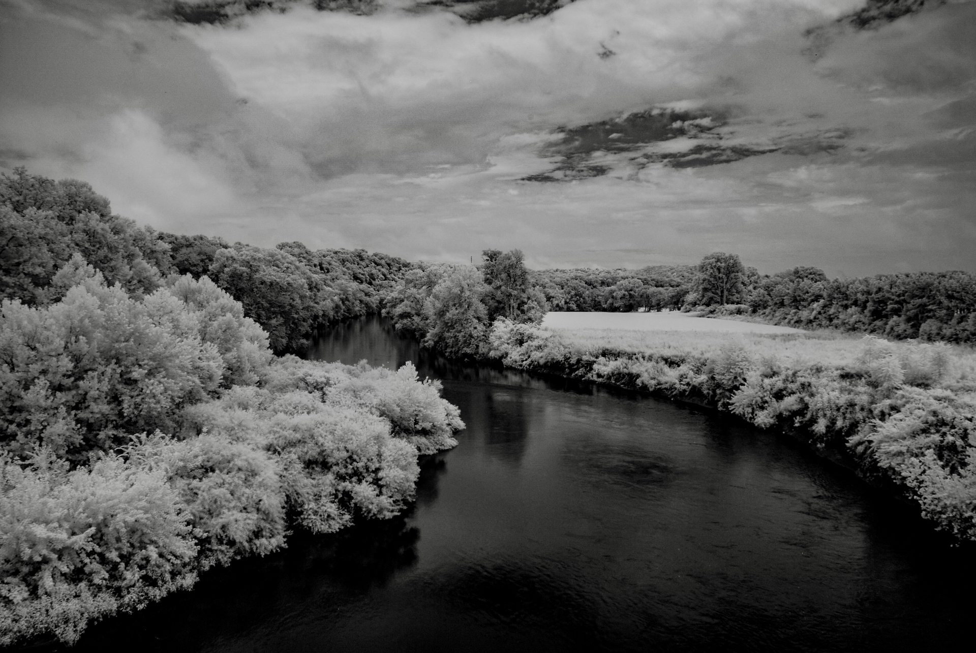 Black and white infrared river bend