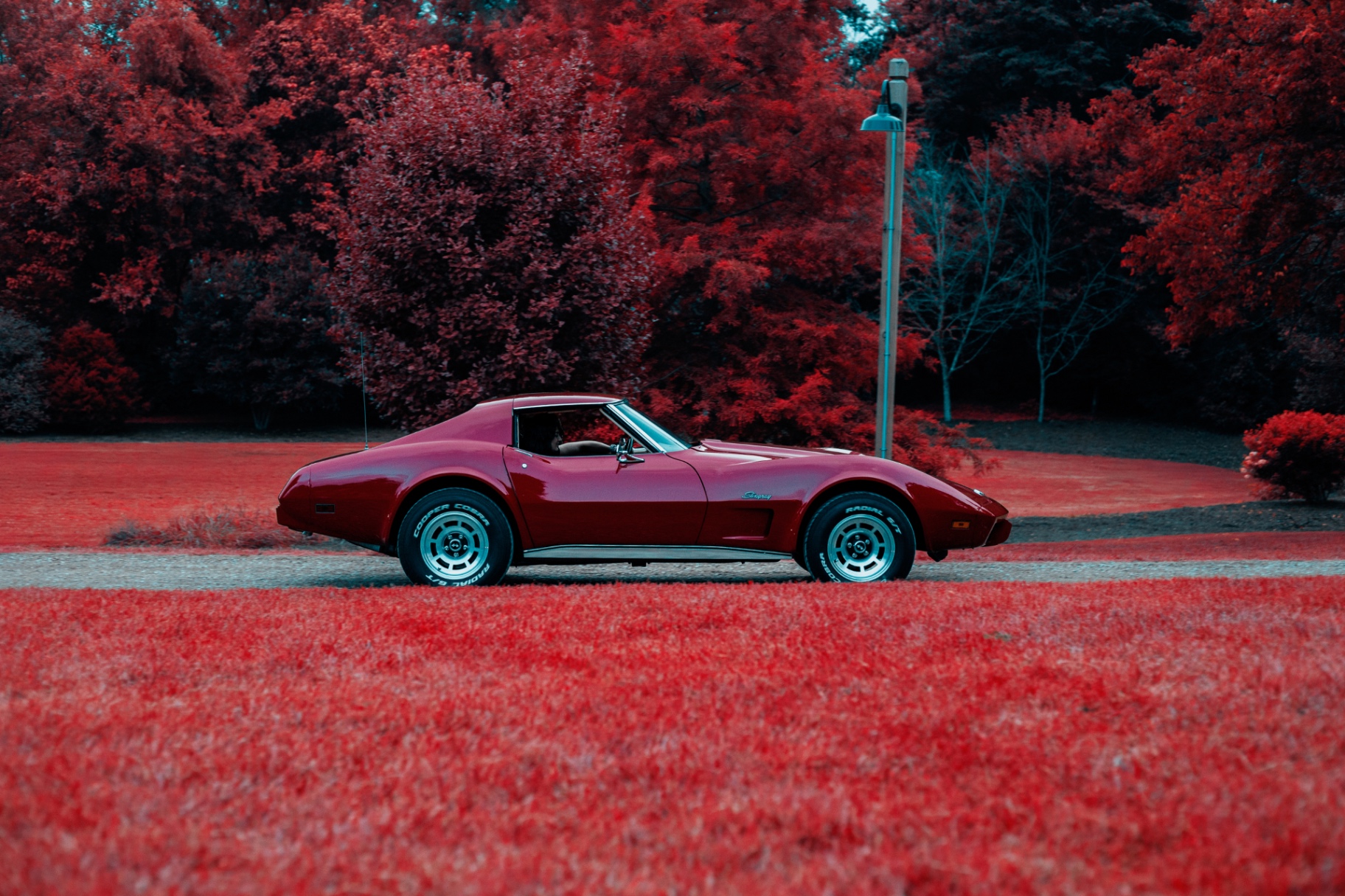 Classic red Corvette in an IRChrome landscape with crimson foliage and teal trees